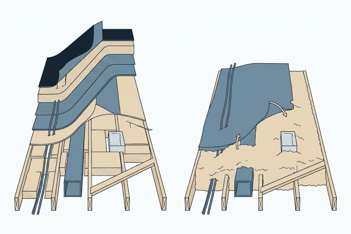 Batts cut around obstructions against blown insulation covering them