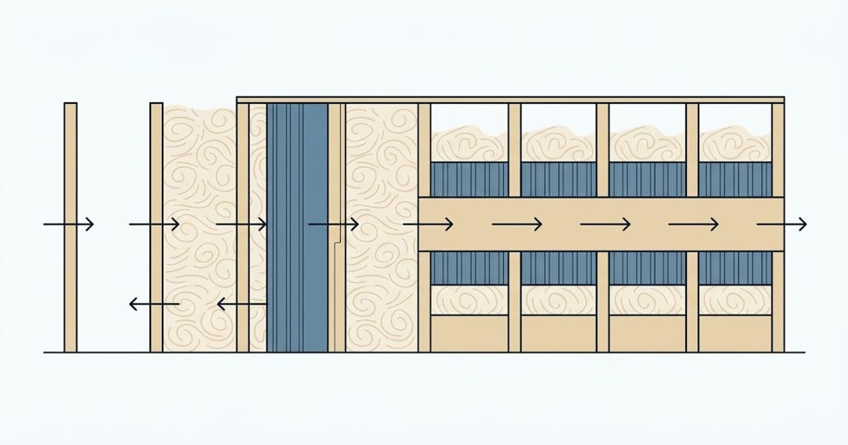 A wall section with cavity insulation between studs and a continuous layer outside them
