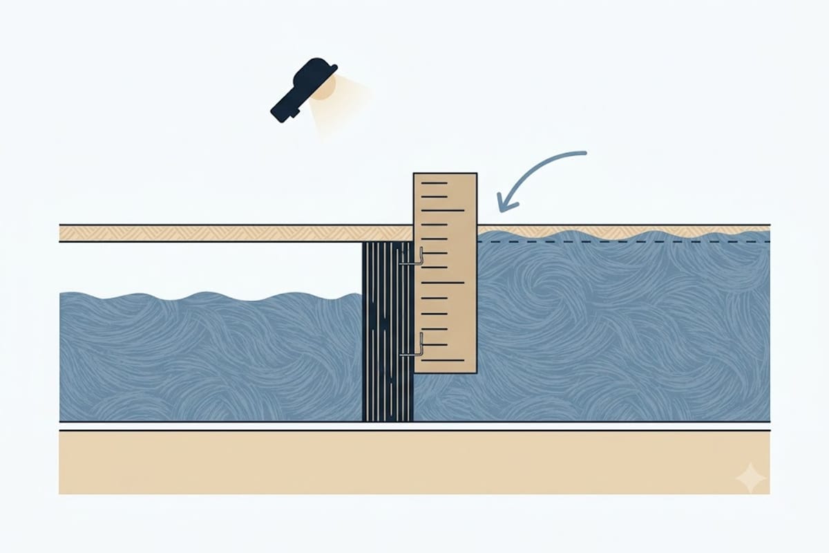 A depth ruler stapled to a joist showing installed depth