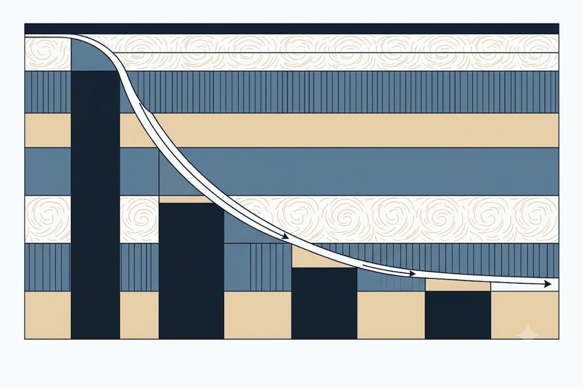 Heat flow falling steeply then flattening as insulation is added