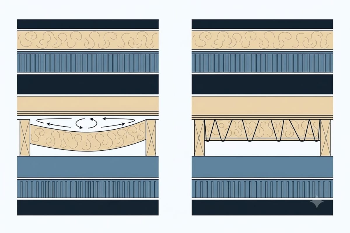 A sagging batt against one held tight to the subfloor
