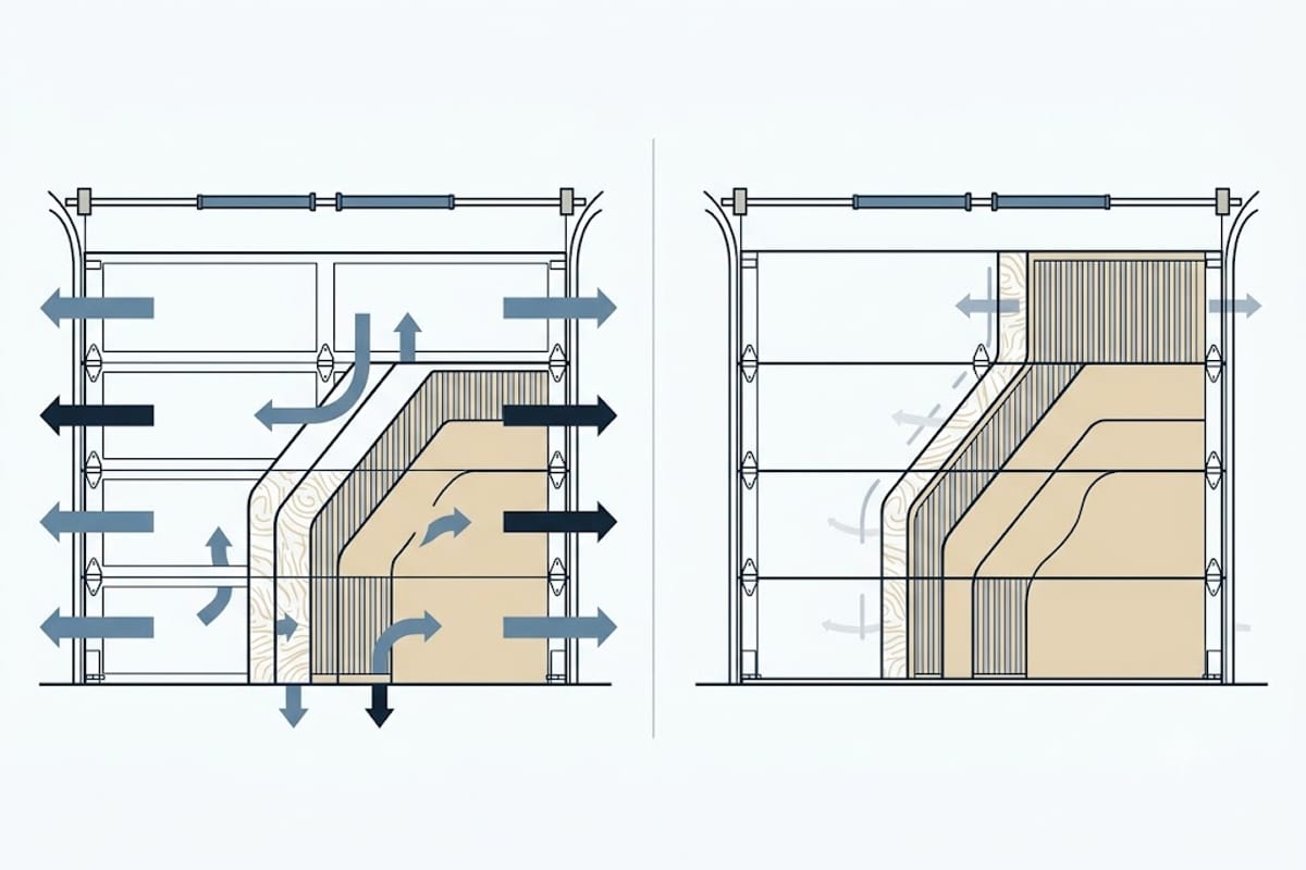 A bare steel garage door against an insulated sectional one
