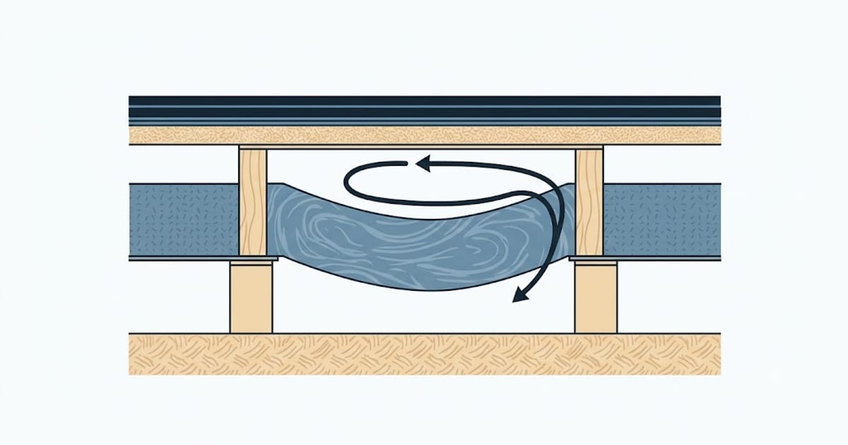 A floor batt sagging away from the subfloor above it
