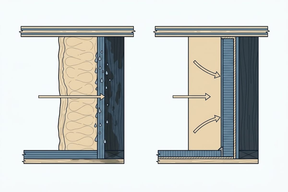 A batt-filled rim joist bay against a foam-sealed one