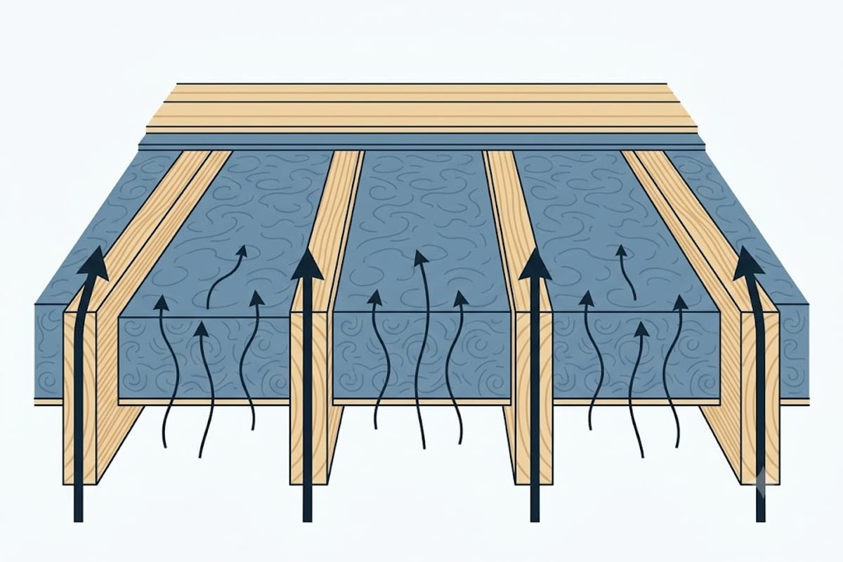Heat bypassing insulation through the wooden joists