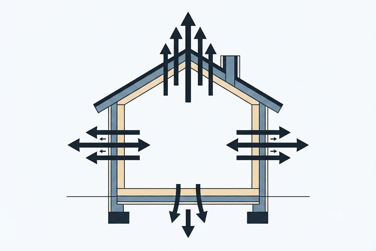 Heat loss paths through a house section