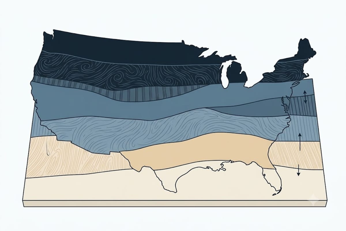 Climate zones as horizontal bands with a warm south and cold north